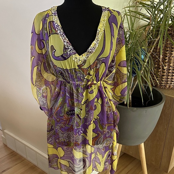 Folia Swim Sheer Beach Cover-Up Yellow and Purple Dress with Sequin Detail - Med - Picture 1 of 10